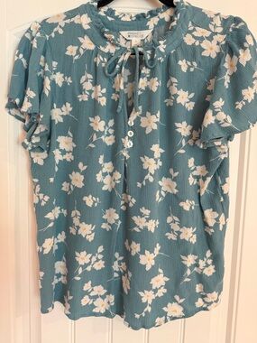 Market & Spruce Teal Blue Floral Tie-Neck Blouse